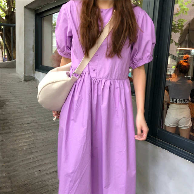 半袖ワンピース ひざ丈 パープル 無地 クルーネック 体型カバー リラックス ウエストマーク シンプル カジュアル ガーリー Fsk1101 Alice Mode アリスモード
