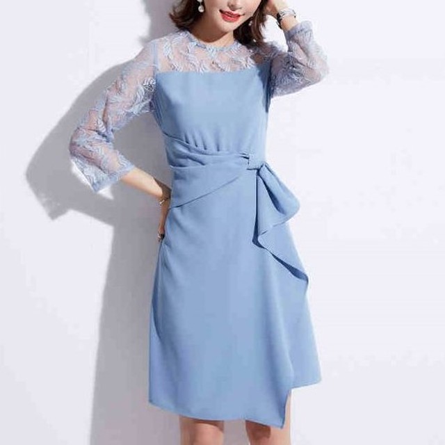 ワンピース レディース パーティドレス 代 韓国 結婚式 10代 40代 青 Aライン ウエストマーク 結婚式 二次会 およばれ 上品 おしゃれ きれいめ 大人 ラウンドネック 無地 Dress Plaatje
