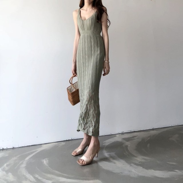 ニットワンピ ニットワンピース 40代 ロング タイト コーデ 50代 30代 サマーニット ノースリーブ 夏 リブニット 透かし きれいめ 上品 無地 デート 女子会 おしゃれ 大人 可愛い Dress Plaatje