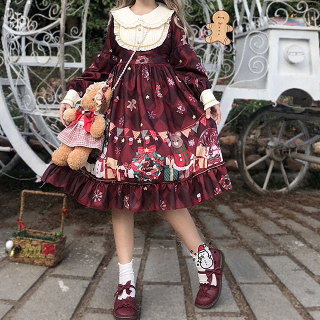 Lolita Op Dress ロリータドレス ワンピース ロリィタ 日常用 お茶会 撮影 長袖 ロリ フリー 長袖 グリーン レッド Mintcat