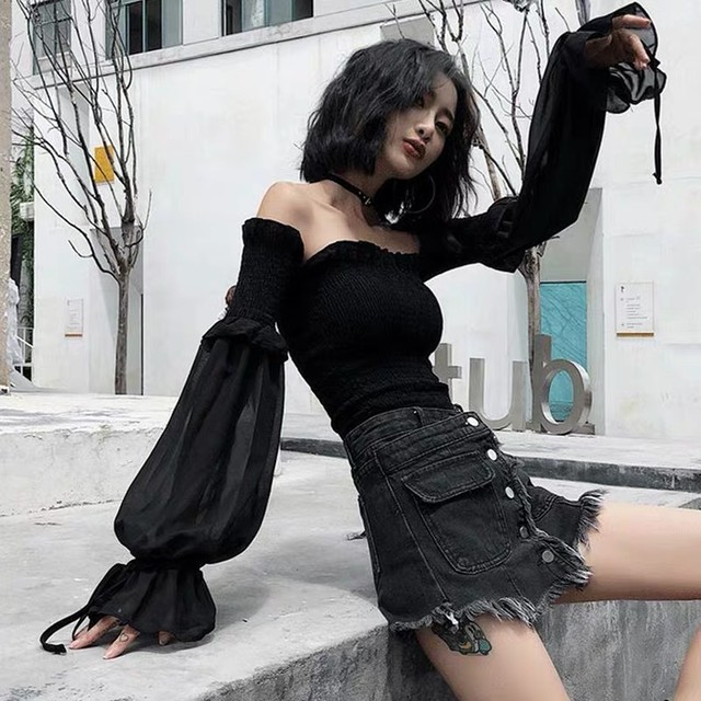 【即納】see-through sleeve off shoulder tops