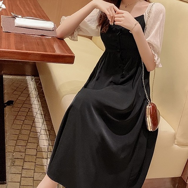 バイカラー パフスリーブドレス ワンピース ロング丈 ミモレ丈 ハイウエスト 半袖 ボリューム袖 レディース フォーマル 結婚式 お呼ばれ ドレス 代 30代 二次会 ワンピース パーティー ドレス R0033 Aeka Clothet Partydress