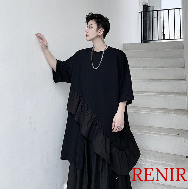 Renir レニール メンズ トップス カットソー 黒 ブラック 個性的 アシンメトリー Renir レニール メンズファッション レディースファッション