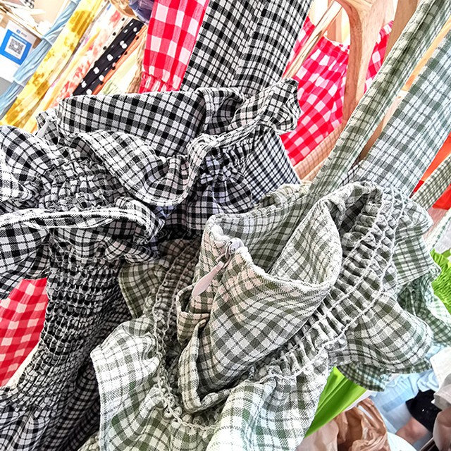 ワンピース ギンガムチェック オフショルダ フリル レトロ Aライン ミモレ丈 韓国 インスタ映え Toptop