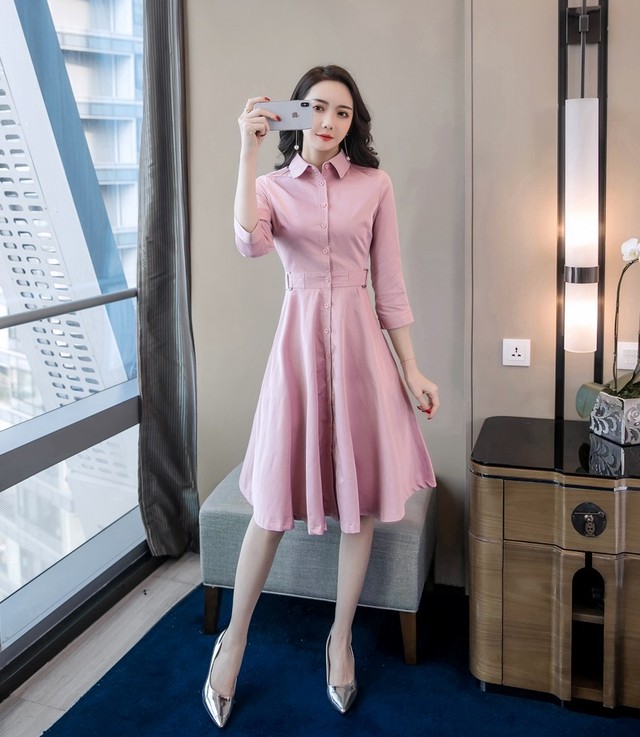 ワンピース ドレス シャツワンピース 春ワンピース フレアワンピ リボン 七分袖 襟付き ひざ丈 ピンク 無地 秋 レトロ 10代 代 30代 40代 50代 Ptngt0314 Shop Suba