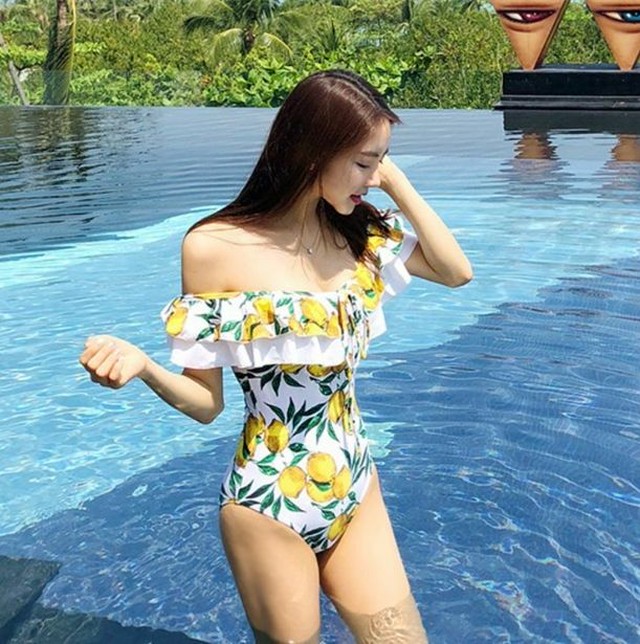 ワンピース水着 レモン柄 フリル オフショルダー 2way 体型カバー 可愛い レディース 水着 大きいサイズ Lalas