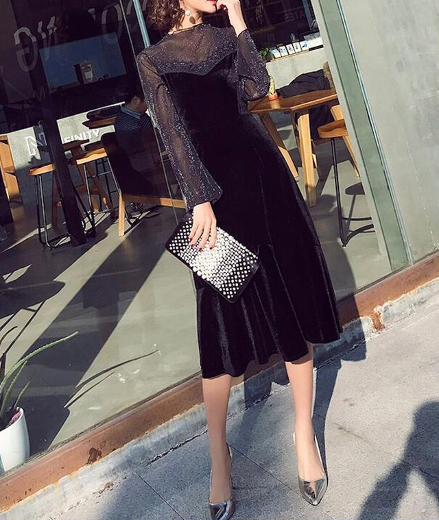 ドレス ワンピース ラメ レース ベルベット パーティー 結婚式 長袖 ミモレ丈 フレア ミモレ丈 Sale 韓国 549 Justu710