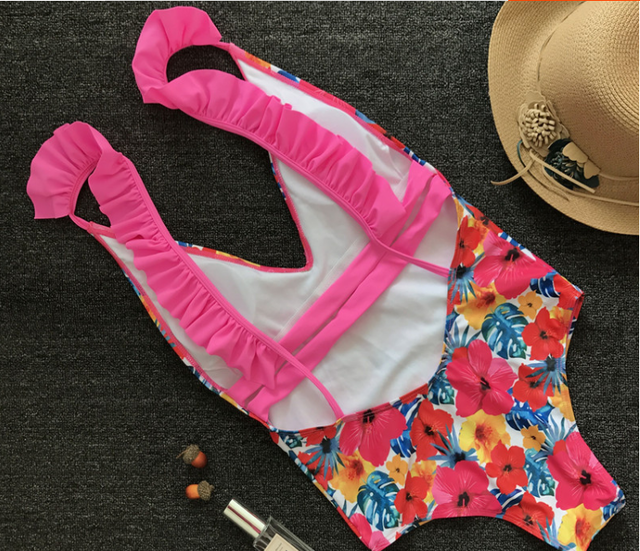 水着 バックシャン カラフル ビビットカラー 深v フリル シャム ワンピース トロピカル 肌見せ 柄物 カラー豊富 白 黒 レッド オレンジ グリーン ブルー パープル ピンク レインボー フラワー 夏 リゾート ビーチ Sea Sign Post