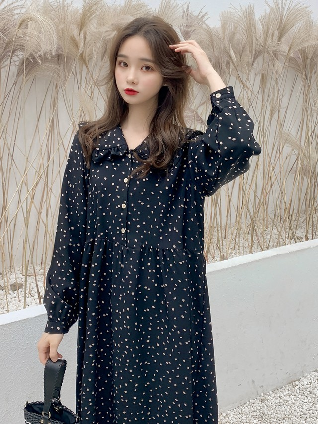 ワンピース レトロ ドット柄 ロングスカート フレア シフォンドレス デート 襟付き ｇｄｒ