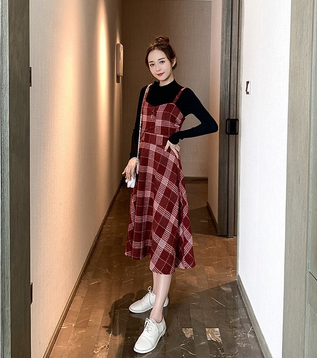 ワンピース ドレス ロングワンピース マキシ丈 フレアワンピ キャミワンピ チェック レトロ 秋 冬 大きいサイズ 10代 代 30代 40代 Ptngt0699 Shop Suba