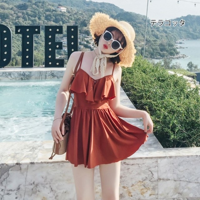 水着 ワンピース レトロカラー フリル 赤 Hn 0009 Shopmall To You