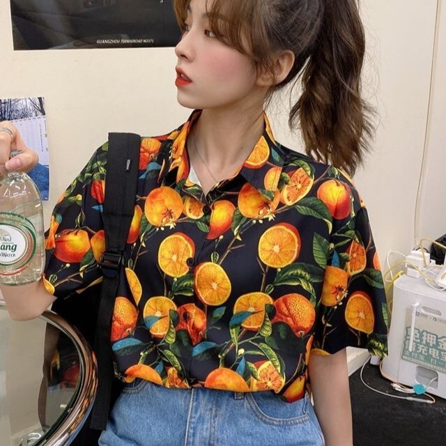 トップス ブラウス シャツ アロハシャツ 開襟シャツ 半袖 総柄 フルーツ柄 オレンジ ゆったり カジュアル お揃い 衣装 大きいサイズ Happinessshop ハピネスショップ レディース ファッション アイテム トレンド