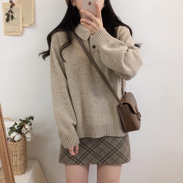 〈カフェシリーズ〉古着好き女子のポロネックニットセット