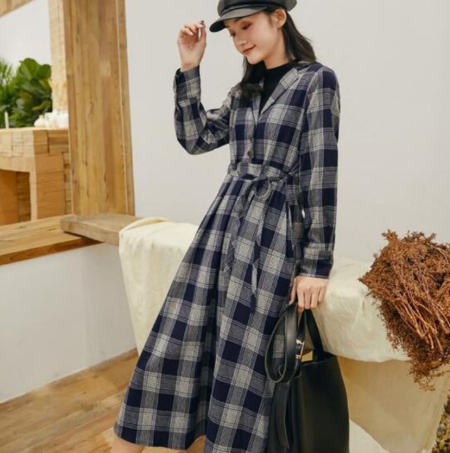 森ガール ロングワンピース チェック柄 グレー 黒 チュニック 春 秋 冬 Cinderella Story