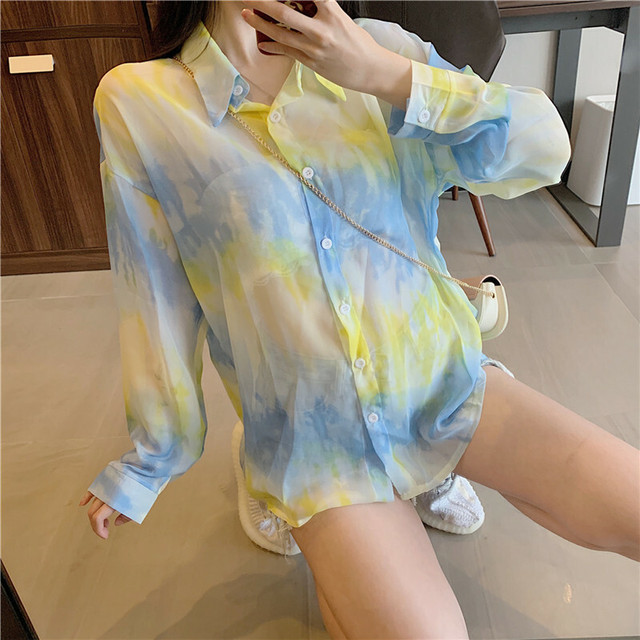 タイダイ柄 パステルカラー シャツブラウス シャツ 透け感 カジュアル 薄手 長袖 ルーズシルエット 韓国 オルチャン 韓国ファッション 新作 春夏 春 夏 2colors Ut 570 Musubi Me 韓国 オルチャン レディースファッションのお店