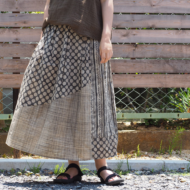インド綿 草木染 ブロックプリント パッチワークスカート Zappaya
