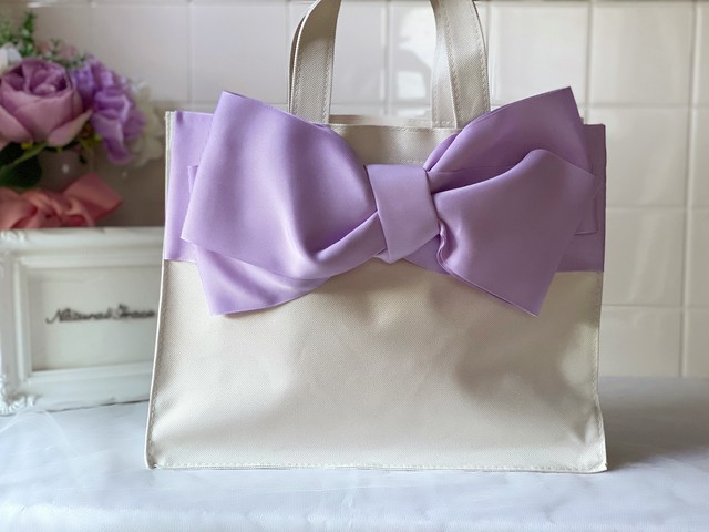 大人エレガントなリボンバッグ Candy Bag ミルキーベージュ マカロンパープル Natural Grace