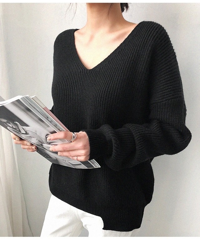 人気 胸元 セクシー Vネック ニット レディース トップス 長袖 セーター シンプル リブ 秋 ゆったり カジュアル Rw000 レディース 韓国ファッション 直輸入通販 セクシーワンピース クールカジュアル 全品送料無料 Ukky Franky