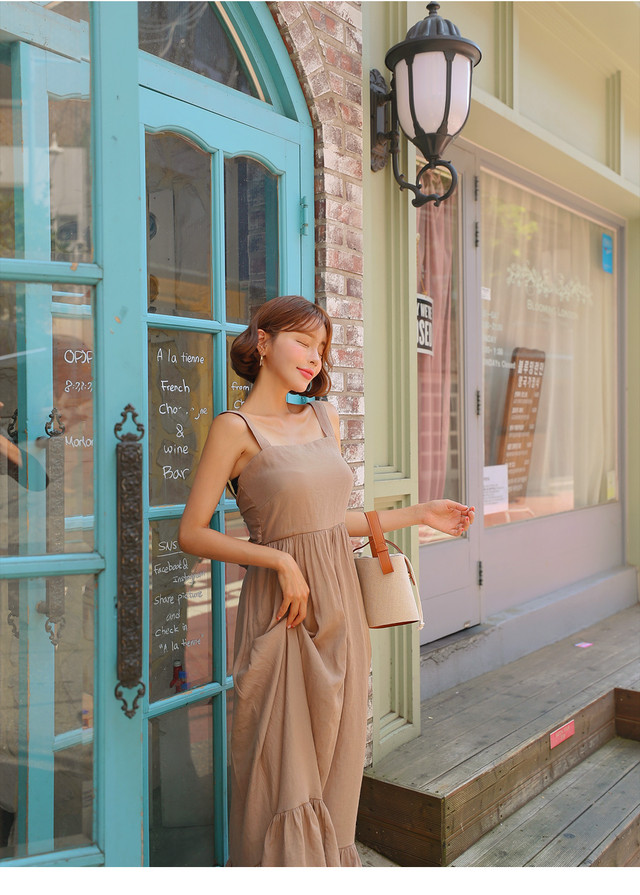 バックリボン ロングワンピース バカンス ノースリーブ 無地 カジュアル 裾フリル Aya1486 Girl Top