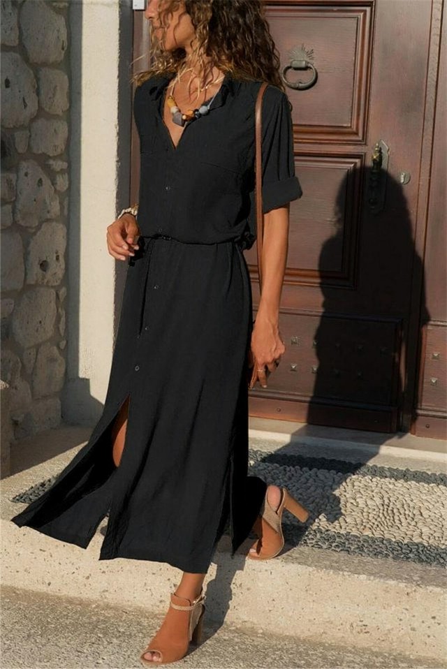 送料無料 シャツワンピース マキシワンピース ロングワンピース ワンピース シンプル カジュアル セクシー ロング丈 マキシ丈 Vネック 長袖 無地 きれいめ 大人可愛い 春 秋 冬 デイリー デート 女子会 お出かけ スリット ウエストマーク Owl アウル