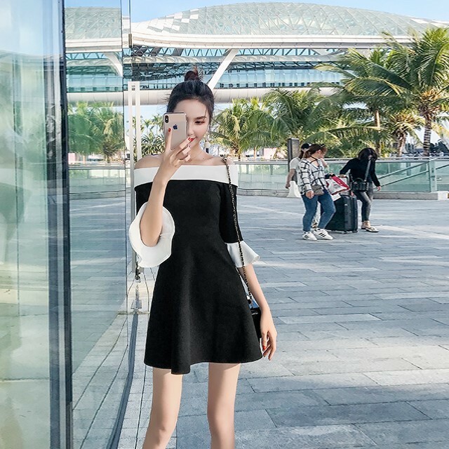 パーティードレス ワンピース オフショルダー バイカラー 5分袖 ノースリーブ ハイウエスト ショート丈 お呼ばれ 結婚式 二次会 D669 Kireina Dress キレイナ ドレス