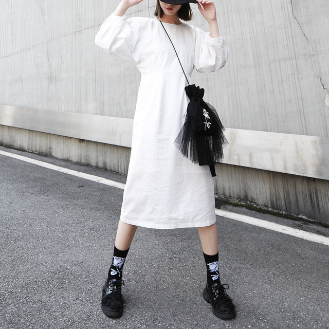 2color 秋冬 ランタンスリーブ ひざ丈 ワンピース ミモレ丈 デザイン カジュアル ドレス シンプル 無地 Toptop