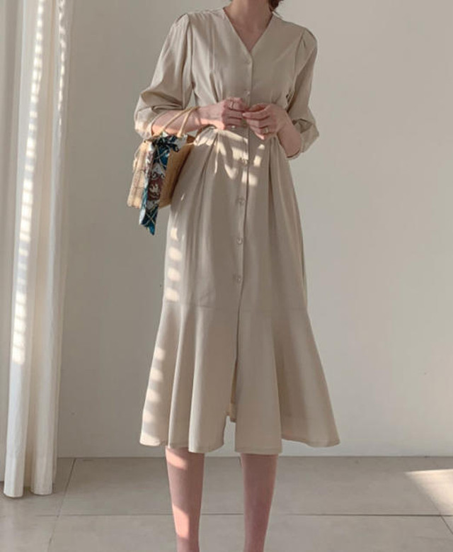 送料無料 ワンピース 夏 きれいめ ひざ丈 Vネック マーメイド ハイウエスト 上品 大人 可愛い シンプル ベーシック 30代 40代 ベージュ ブルー Op 198r Imagibune