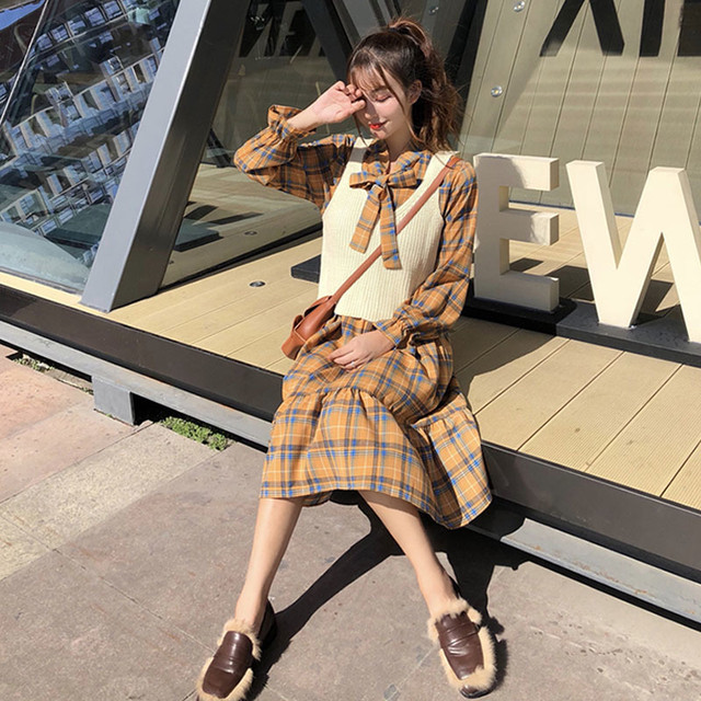 18年秋 新作 ニットビスチェ ミディアム丈チェック柄ワンピース セット レトロ かわいい デートe Happiness Seed