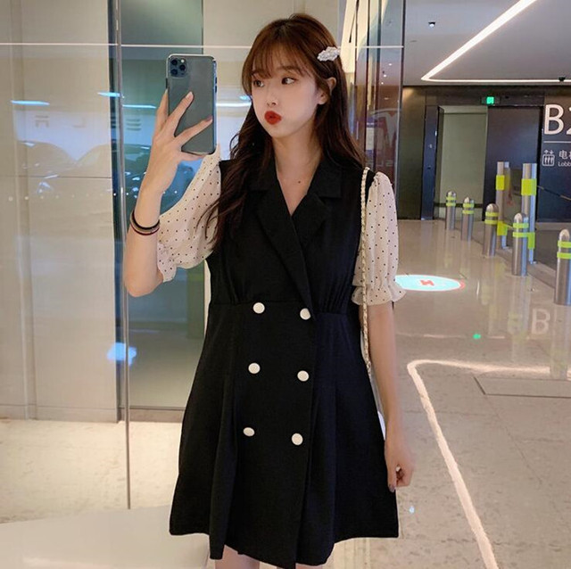 きれいめコーデ ミニワンピース ドッキング ドット柄 フリル袖 ダブルボタン レディース ブラック カジュアル 清楚系 フェミニン デート お出かけ Ptnym3026 Shop Suba