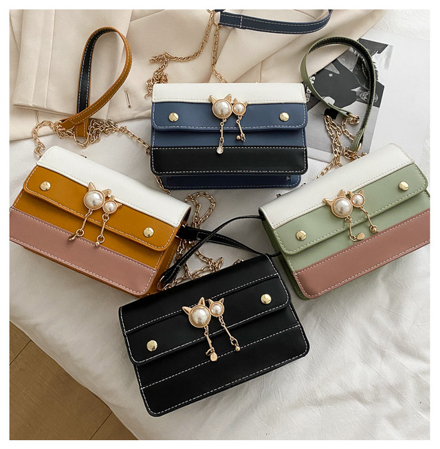 猫デザインショルダーバッグ 2色 3色 フェイクパール ボーダー 長方形 スクエア 小さめ 小型 オールシーズン 春 夏 秋 冬 Select Shop Skry スクリー