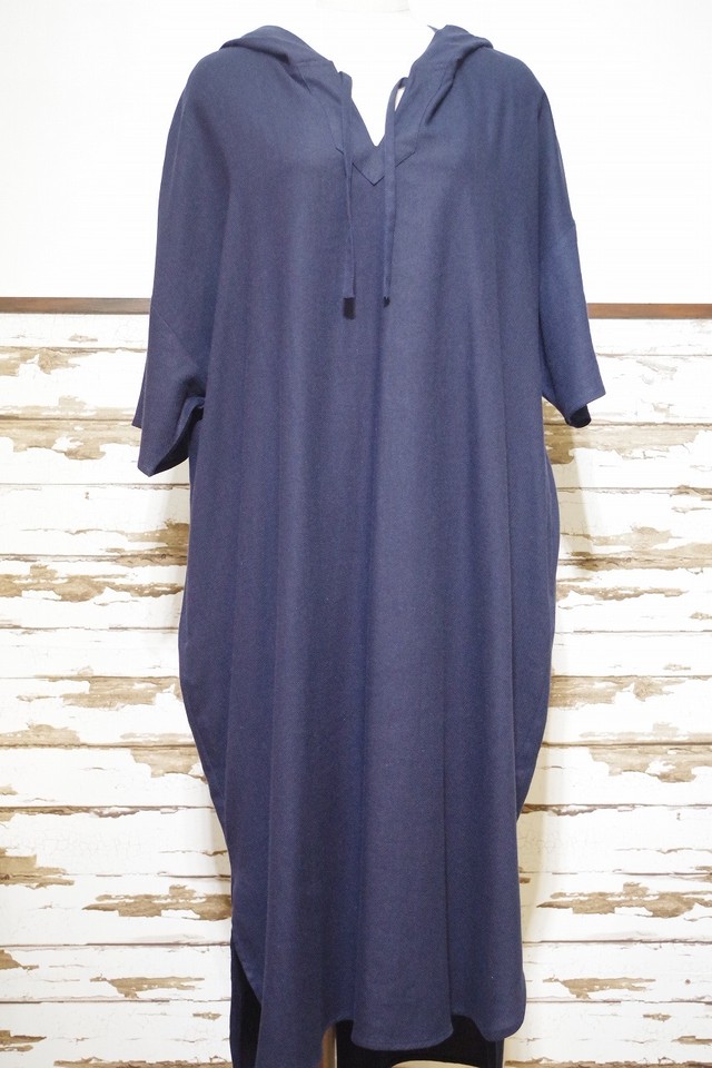 Merlot Ikyu 綿麻フード付きロングワンピース Navy Grandpool グランプール