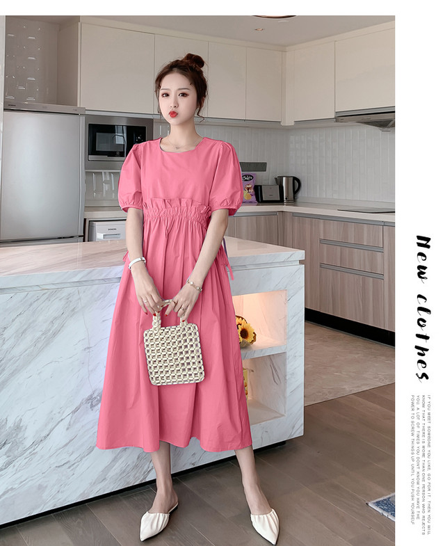 ワンピース M 2xl ウエストフリル 半袖 バルーンスリーブ パフ袖 ラウンドネック ロングワンピース 無地 リボン パープル ピンク 大きいサイズ有 ガーリー 可愛い デート サマードレス リゾート 旅行 楽ちん 春 夏 秋 Southisland