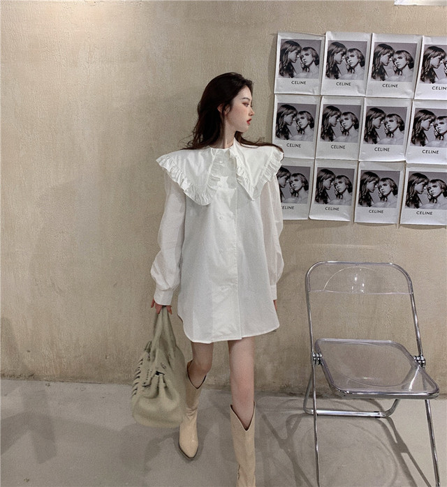 シャツワンピース ワンピース レトロ フリル襟 大きめ襟 ミニ丈 フェミニン ガーリー ママコーデ デート お出かけ Mh2578 Valentina210
