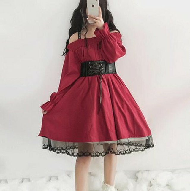 ゴスロリ ワンピース オフショル 袖コン ベルト付き ミディアム丈 シフォン レース フリル レッド 魔女 ロリータ Dressyなファッション モード ゴスロリのお店 Ladies Fashion Seasonz