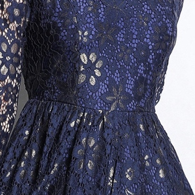 花柄 刺繍 ハイネック ワンピース ドレス 長袖 シースルー エレガント ハイウエスト 膝丈 フレア 結婚式 二次会 お呼ばれ Fashionlover