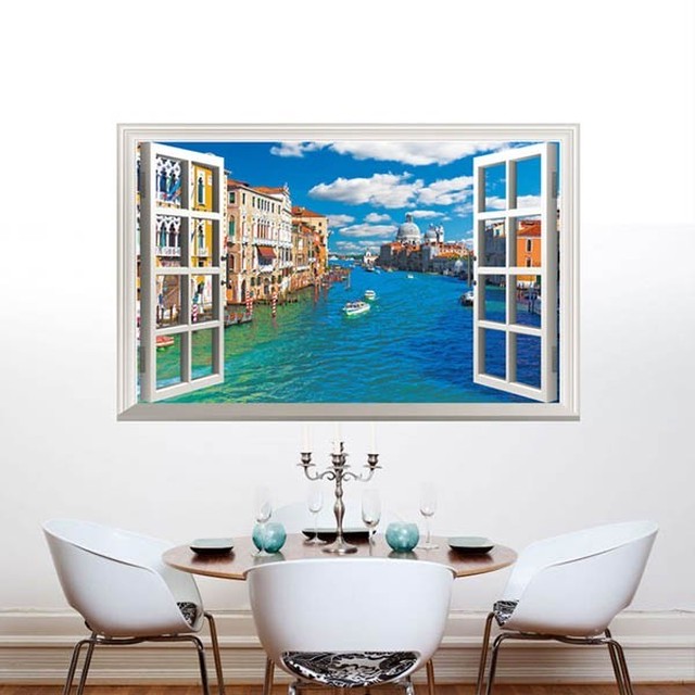 ウォールステッカー 水の都 ヴェネツィア だまし絵 アート インテリアシール 窓枠 壁デコレーション 北欧風 Diy リビング Peachyshop