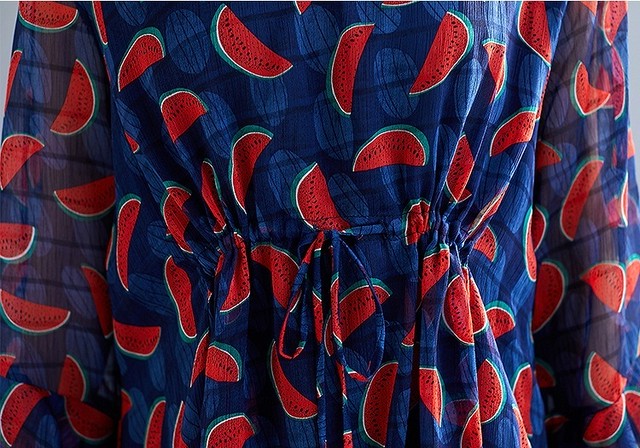 大きいサイズ レディース スイカ柄ワンピース 長袖 秋冬 春夏 ブルー フルーツ柄 フレア袖 シフォン S 大きいサイズ 送料無料 レディース通販店 ｋｅｃｃｈi 静岡 Base売り場