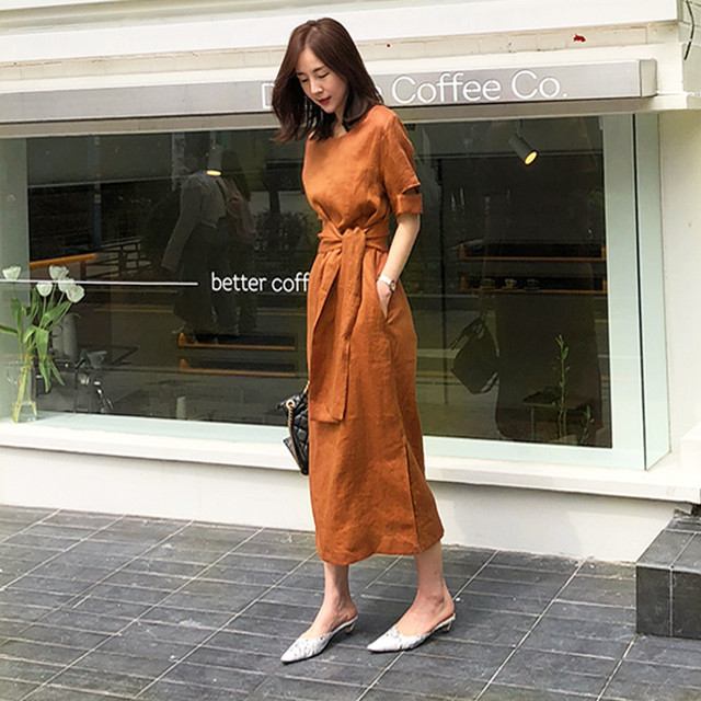 ワンピース ロング丈 リネン 半袖 無地 切り込み ウエストベルト ハイウエスト Iライン フェミニン 大人可愛い エレガント 美シルエット 春夏 お出かけ 食事会 ショッピング トレンド オレンジ ブルー Southisland