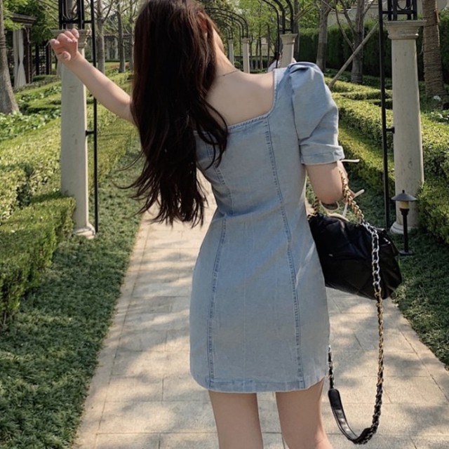 デニム ワンピース レディース 韓国 ファッション 夏服 レディース ジップアップワンピース セクシー カジュアル 夏物 ワンピース パフスリーブ スクエアネック デニム ミニワンピース Vestito