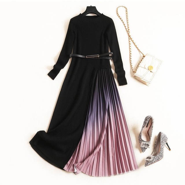 ワンピース プリーツワンピース レディース ミモレ丈 サイドプリーツ アシンメトリー 長袖 ベルト付き 大人可愛い きれいめ 上品 女子会 通勤 お出かけ ネイビー ブラック S M L Xl 2xl 30代 40代 アラサー アラフォー At859 Sunny Place