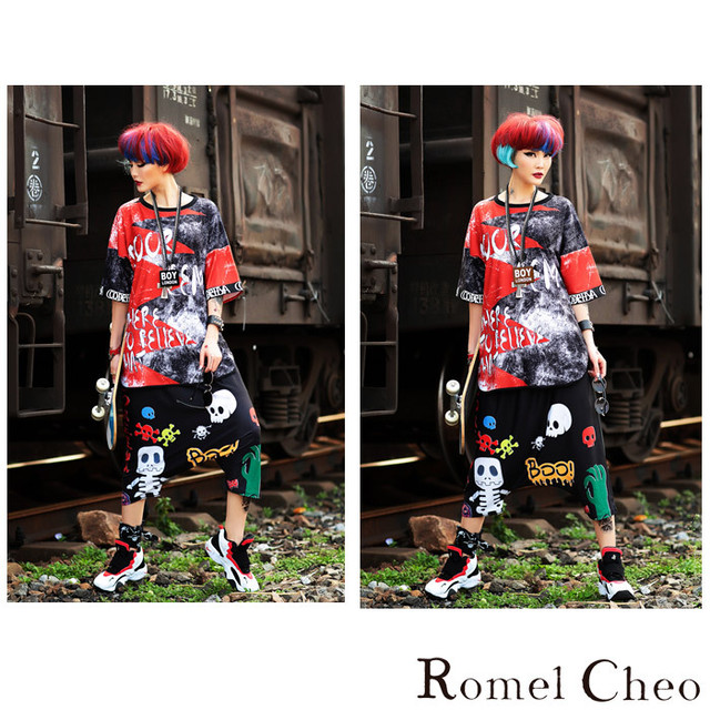 Romelcheo サルエルtシャツセット セットアップ 上下セット Tシャツ サルエルパンツ ハーフパンツ ショートパンツ ゆったり 柄 レディース パンク ロック ストリート スケート Hiphop ダンス 原宿系 青文字系 ファッション ロメルチェオ Romelcheo