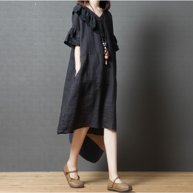 ワンピース チュニックワンピース 麻 綿 リネン コットン オーバーサイズ ミモレ丈 フリル ゆったり 5分袖 お出かけ カジュアル 大人 デイリー シンプル エスニック 体型カバー リゾート 夏 Like Fashion