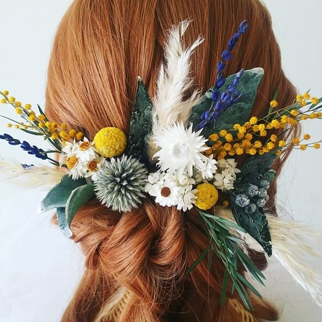 ミモザ パンパスグラス ナチュラル髪飾り 結婚式 成人式 卒業式 ドライフラワー Niji Wedding 手作り ブーケ 髪飾り 花冠の通販