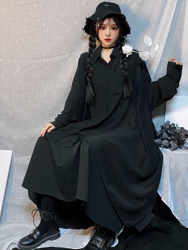 ワンピース レディース 長袖 黒 シャツワンピース アシンメトリー モード系 ゴシック Lily Leclaire