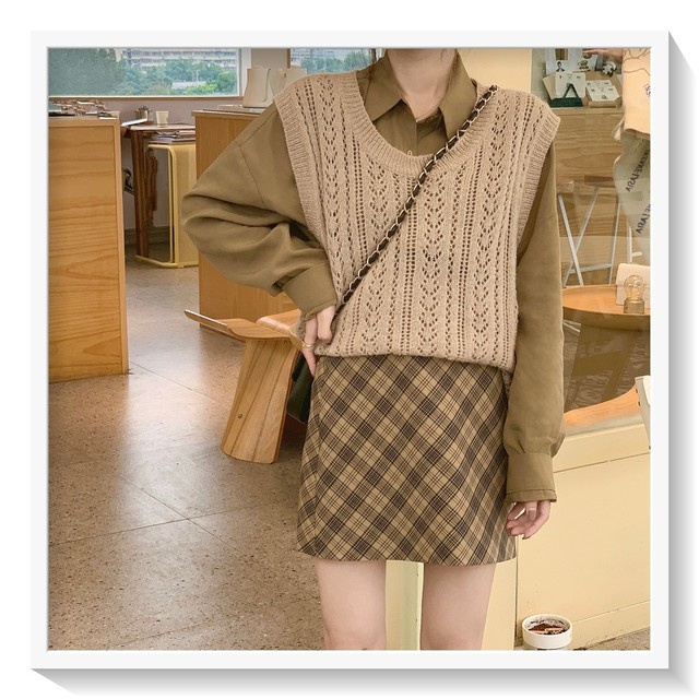 ニットベスト シャツ チェックスカート コーデセット I Vel