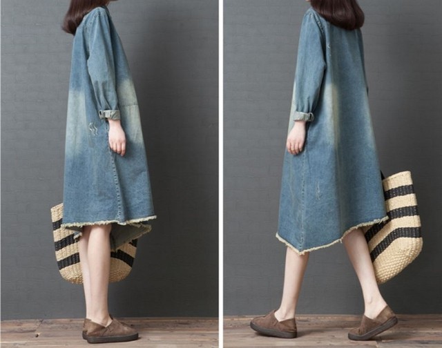 大きいサイズ ワンピース デニムワンピース シャツワンピース 切りっぱなし 長袖 ゆったり 秋冬 春 カジュアル レジャー 通学 お出かけ 普段着 ブルー Like Fashion