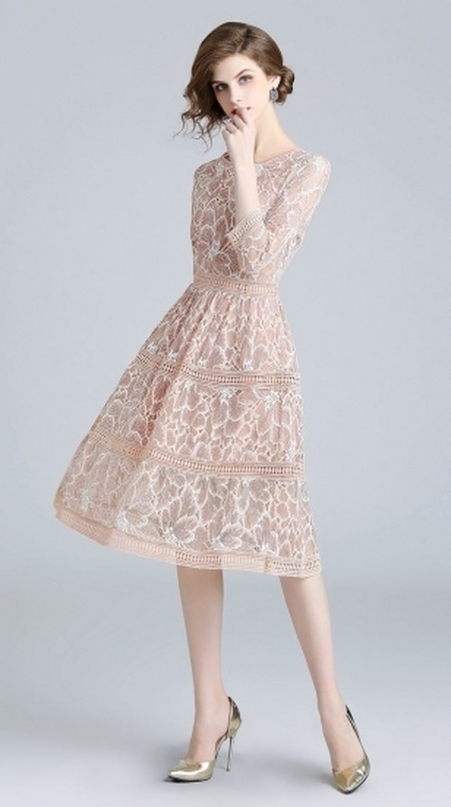 七分丈 レース ピンクベージュ 結婚式二次会 披露宴 パーティードレス お洒落さん 大人女子 お呼ばれ ブライズメイド J86 Dressy Lily ドレッシーリリー プチプラドレスワンピース専門店