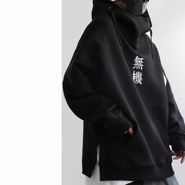漢字刺繍 ハイネック サイバーパンク パーカー スウェット トレーナー フード 黒 ドロップショルダー オーバーサイズ トップス メンズ レディース M L Xl 程度 原宿 ストリート Kpop お洒落 新品 秋物 冬物