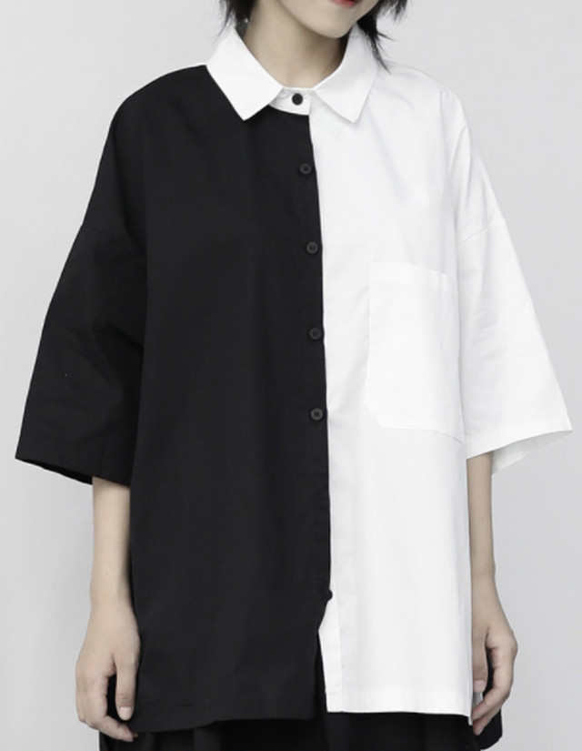 Top Mode バイカラーシャツ モノクロ モノトーン 白黒 ブラック ホワイト ゆったり 大きめ モード モードカジュアル 半袖 シャツ アシンメトリー 夏コーデ 爽やか ゆったり かわいい 七分丈 モダン 春夏 着痩せ効果 大人カジュアル かっこいい Les28 Top Mode