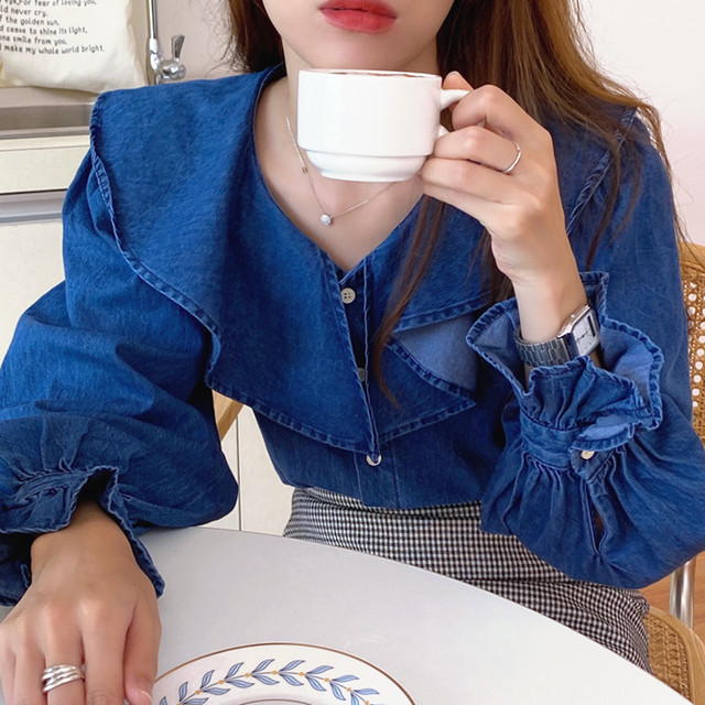 送料無料 レトロフレンチデニムシャツ フリルトップス Vネックフリルカラー フレアスリーブ Ustr